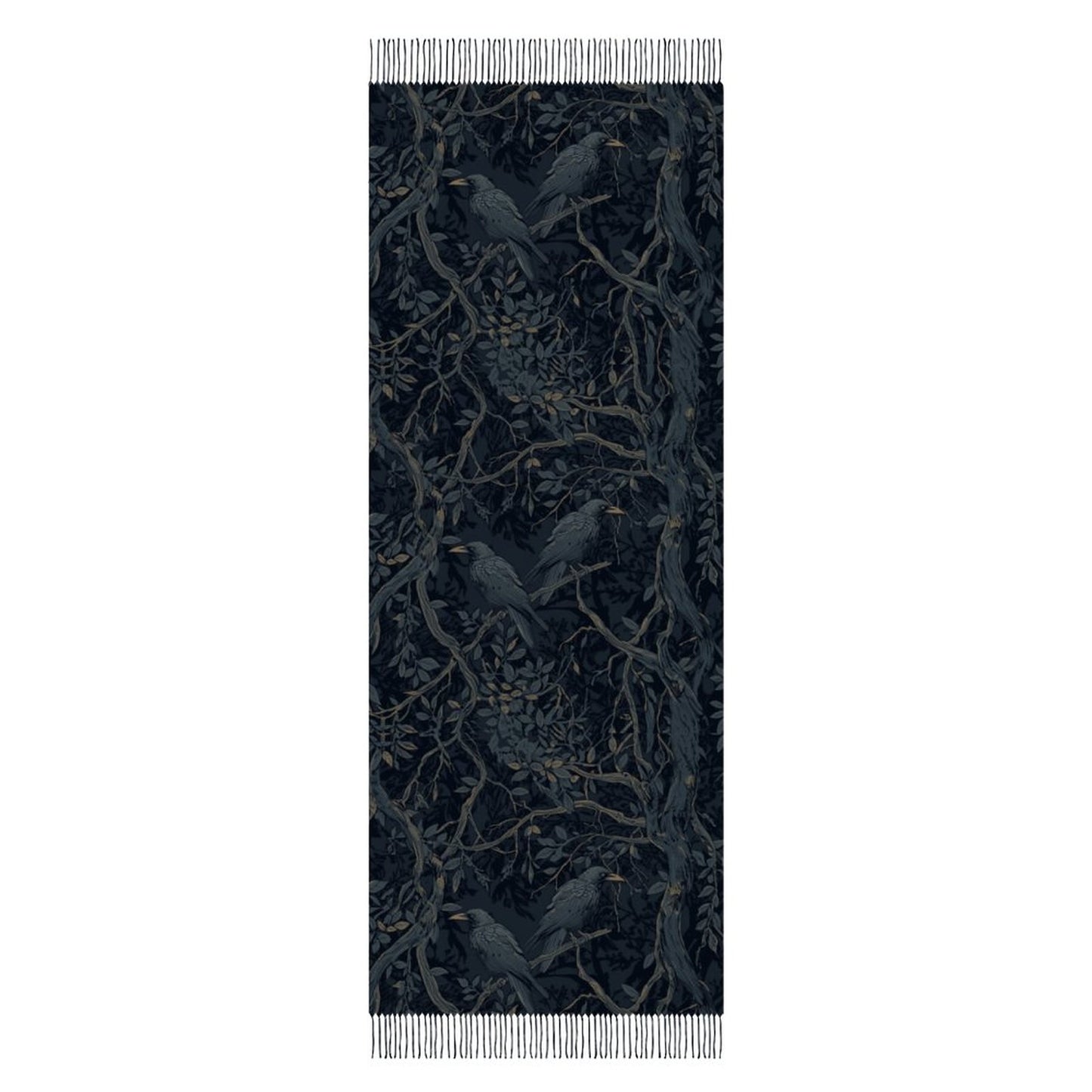 Scarf with bird and branch pattern on a black background