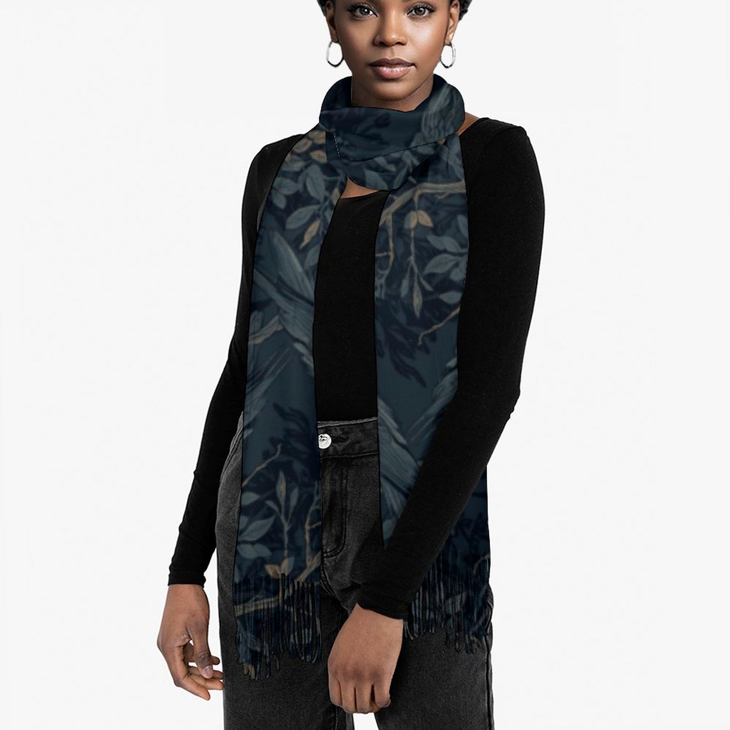 Woman wearing a dark floral-patterned scarf on a white background