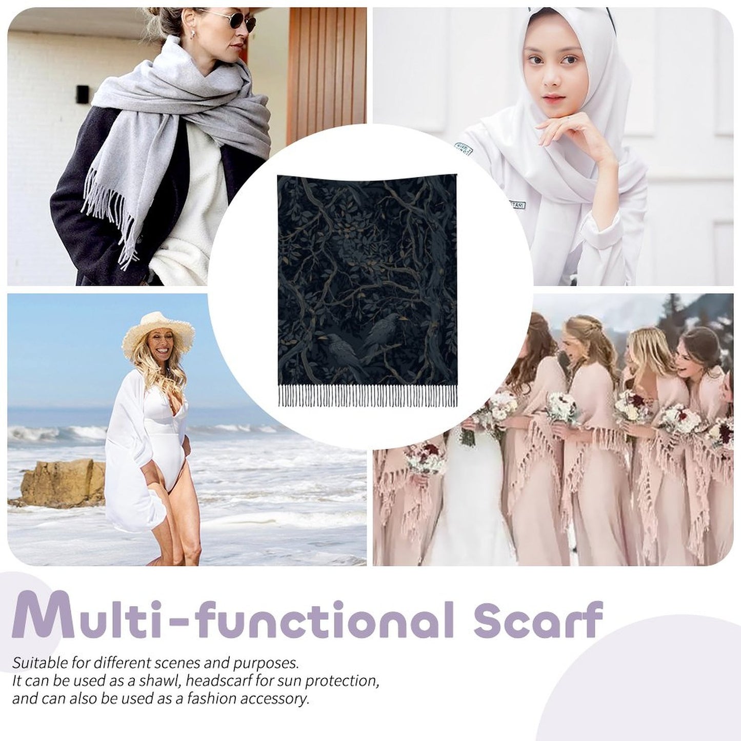 Collage of people wearing scarves in various settings with a focus on a black scarf.