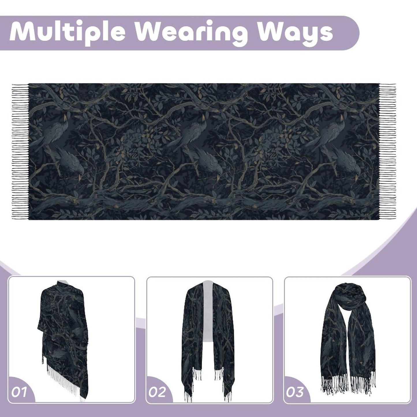 Black patterned scarf with illustrations of people and trees, shown in three different ways on a white background.
