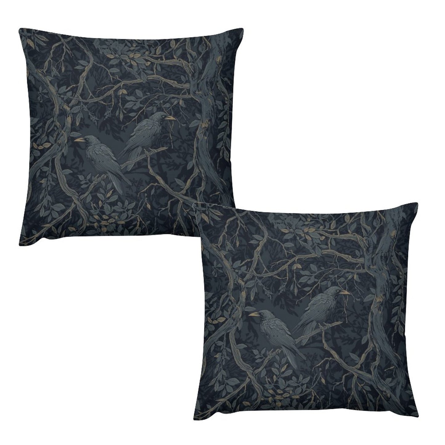 Two decorative pillows with bird and branch pattern on a white background