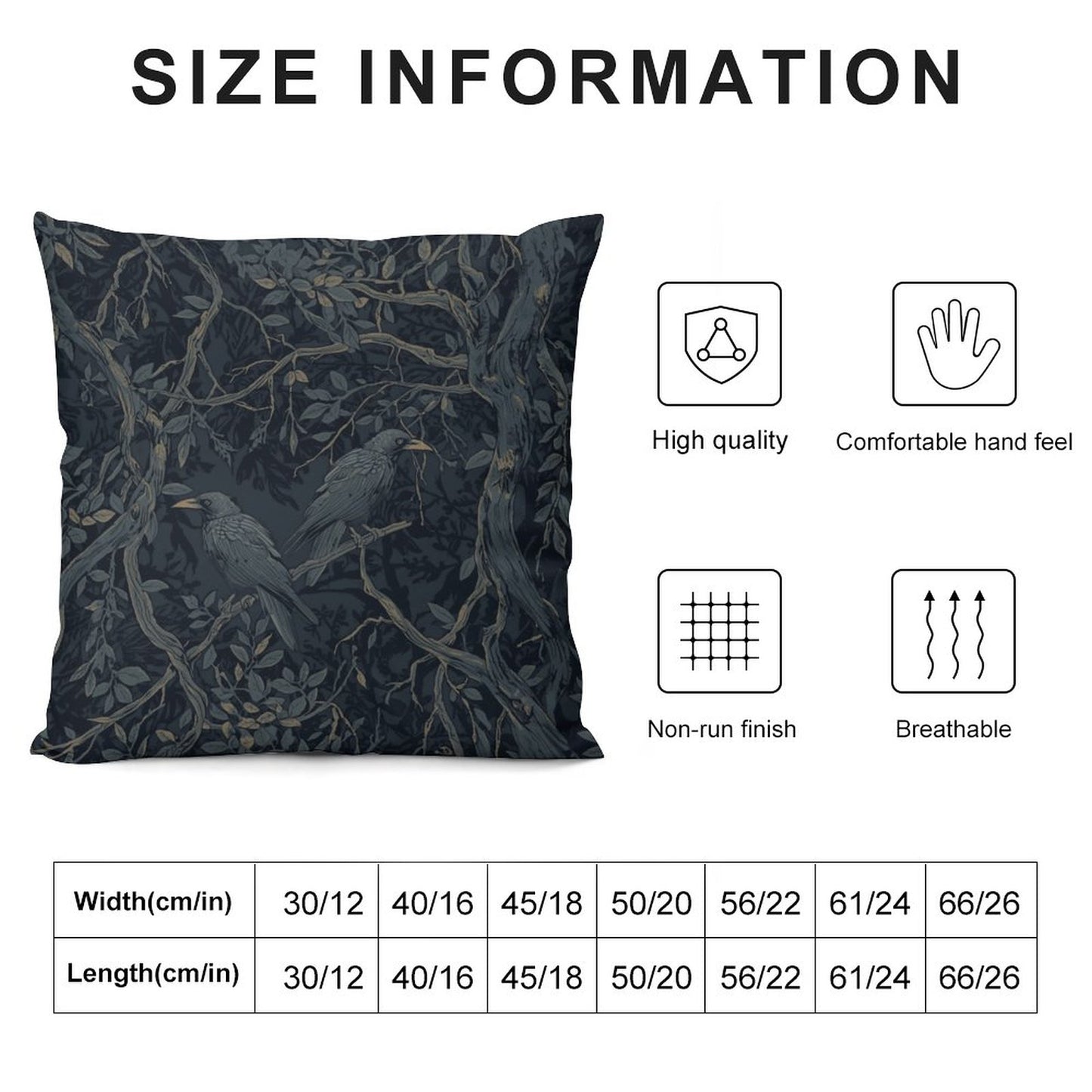 Decorative pillow with bird and branch pattern on a white background, size chart, and quality icons.