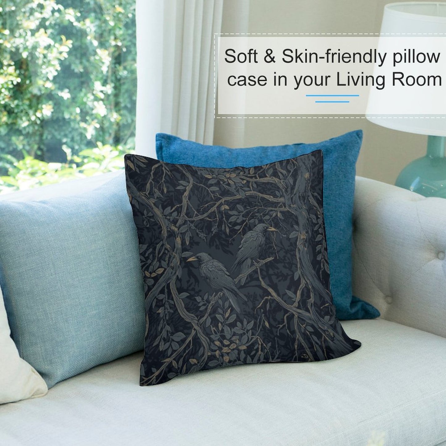 Decorative pillows on a sofa with text about soft and skin-friendly pillow cases.