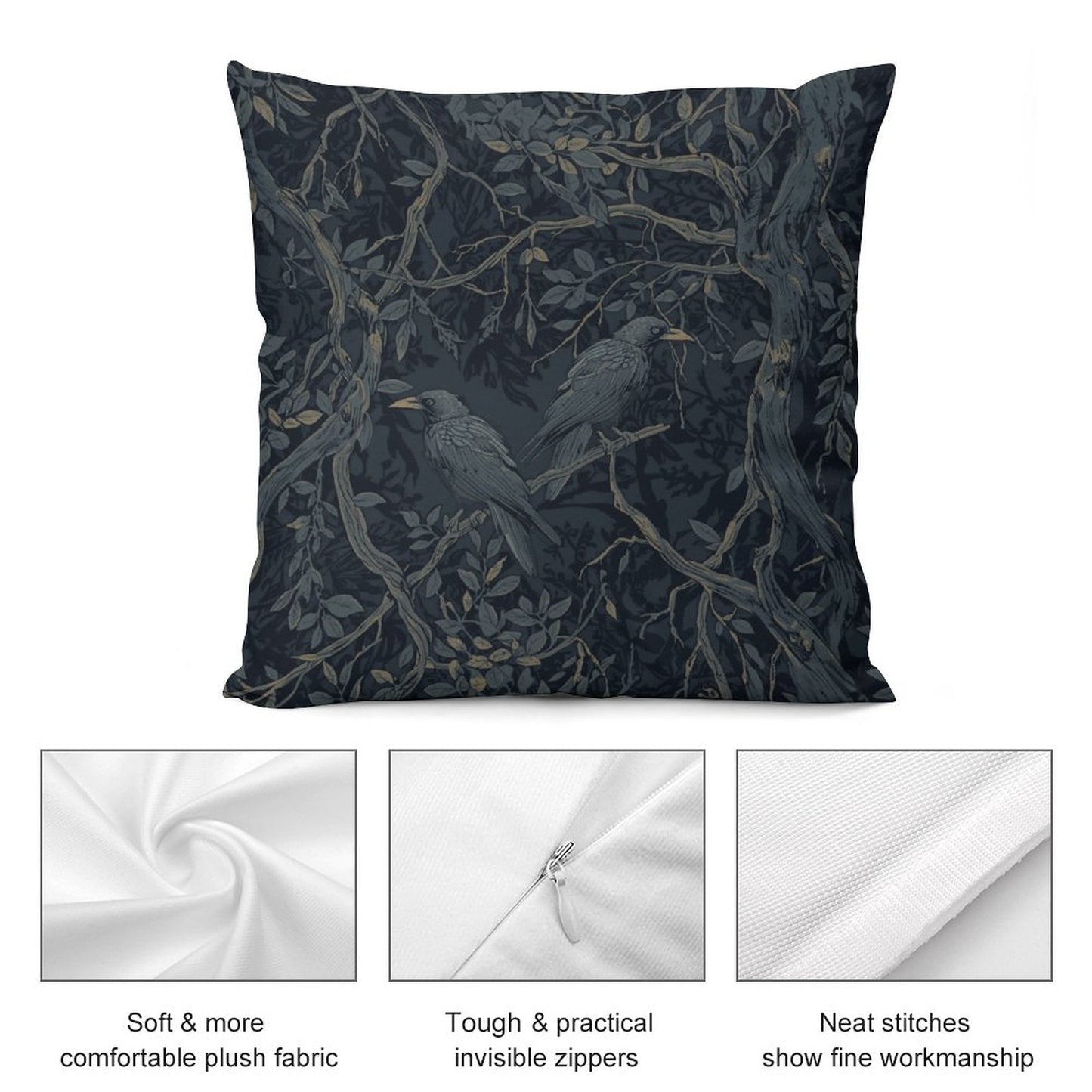 Decorative pillow with bird design on a dark background, featuring close-up details of fabric texture and zippers.
