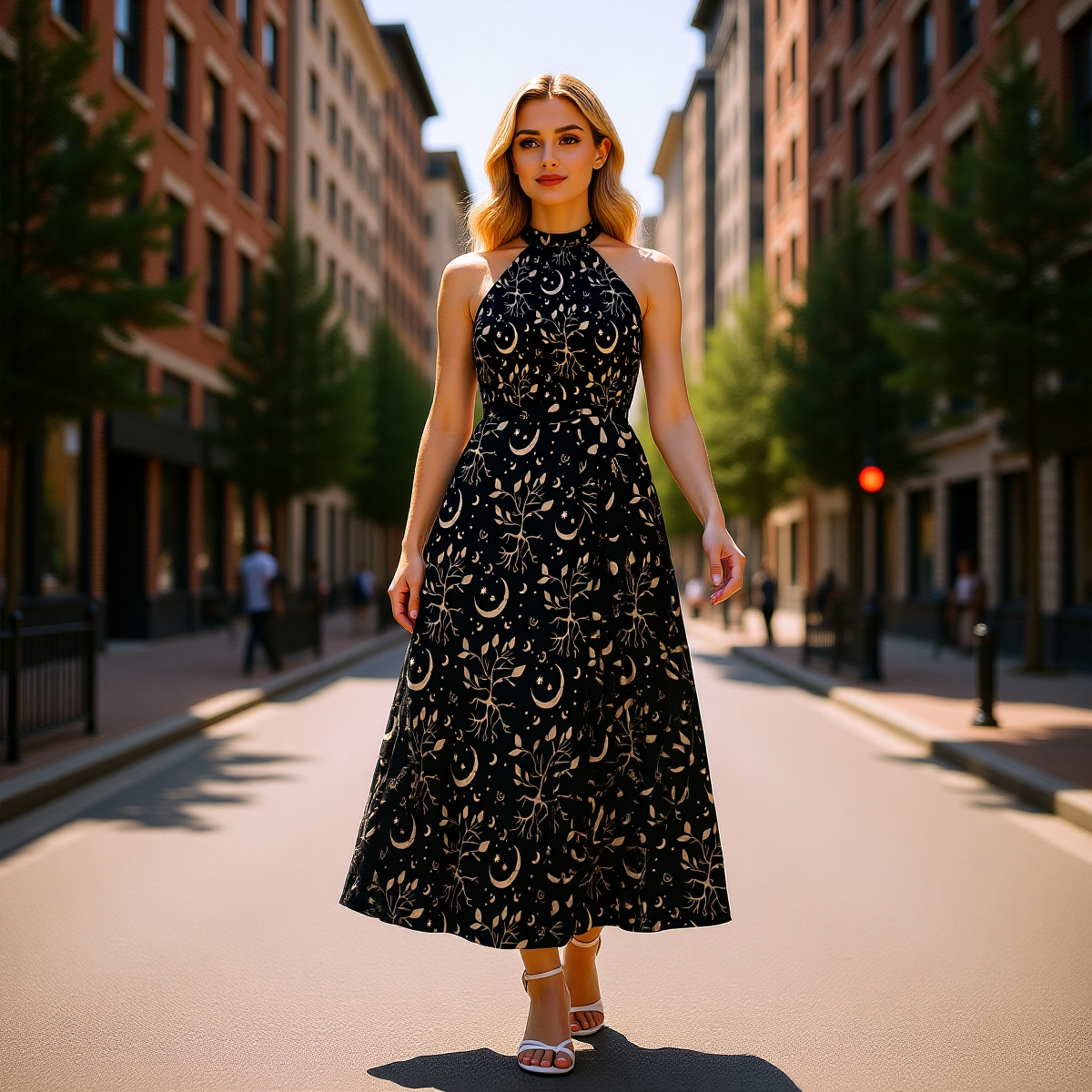 Woman in a black patterned dress standing on a city street.