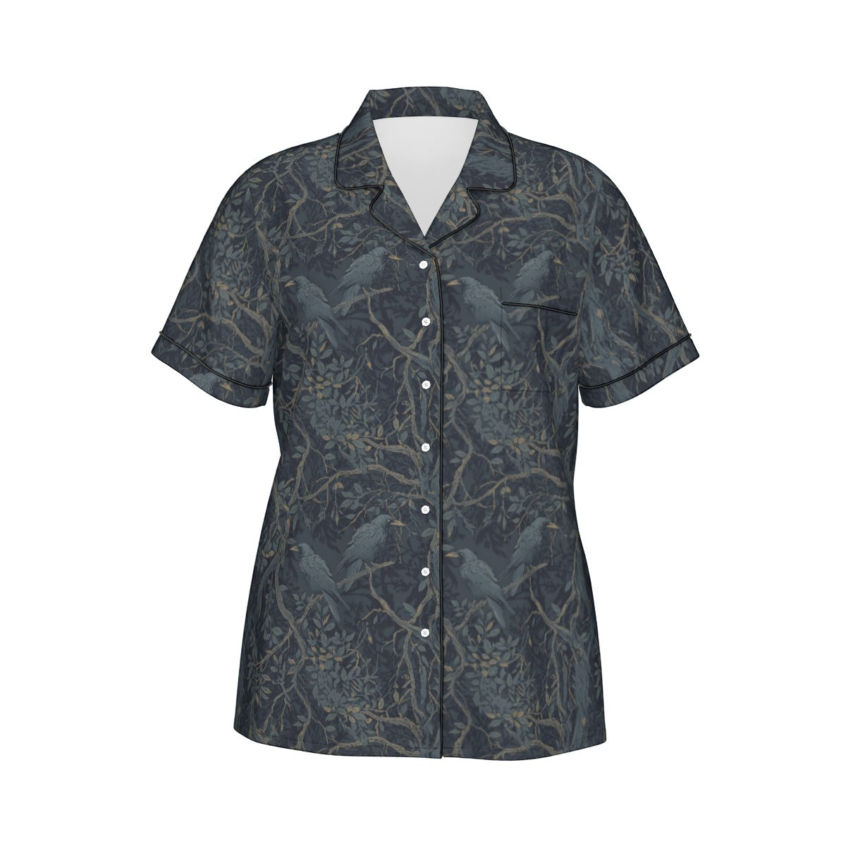Short-sleeve shirt with bird pattern on a white background