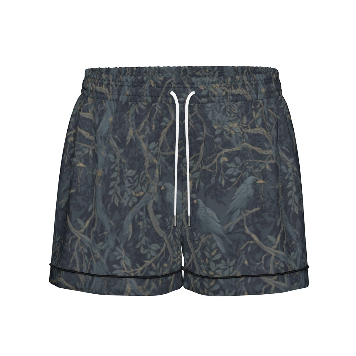 Patterned shorts with a drawstring on a white background