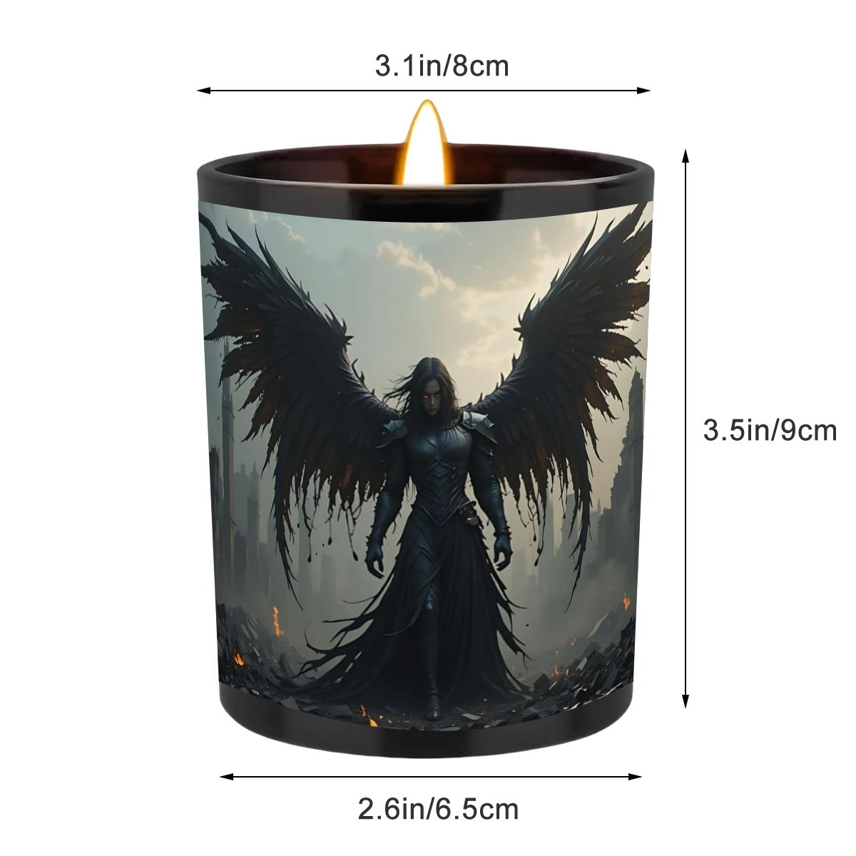 Candle with angel design and measurements on a white background