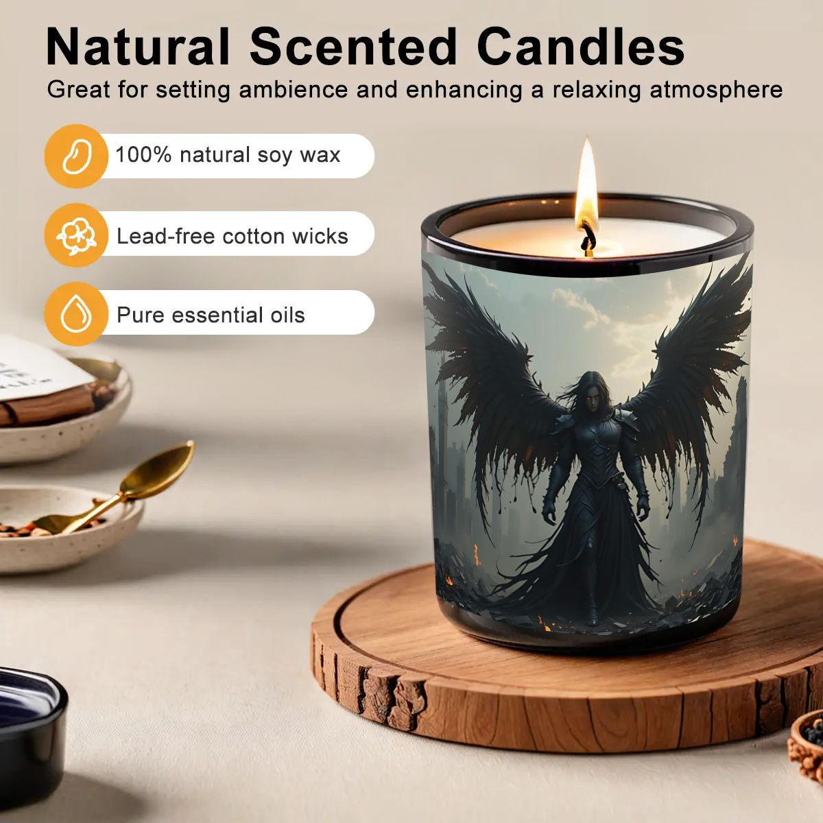 Candle with angel design on a wooden coaster, featuring text about natural scented candles.