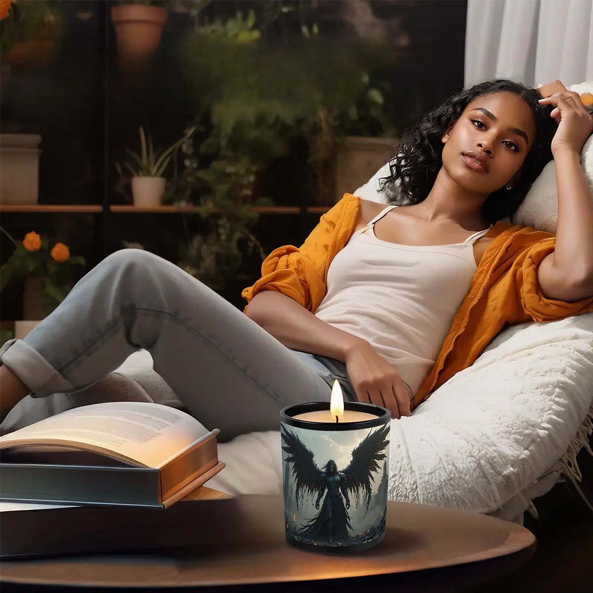 Woman relaxing on a couch with a candle and book in a cozy setting