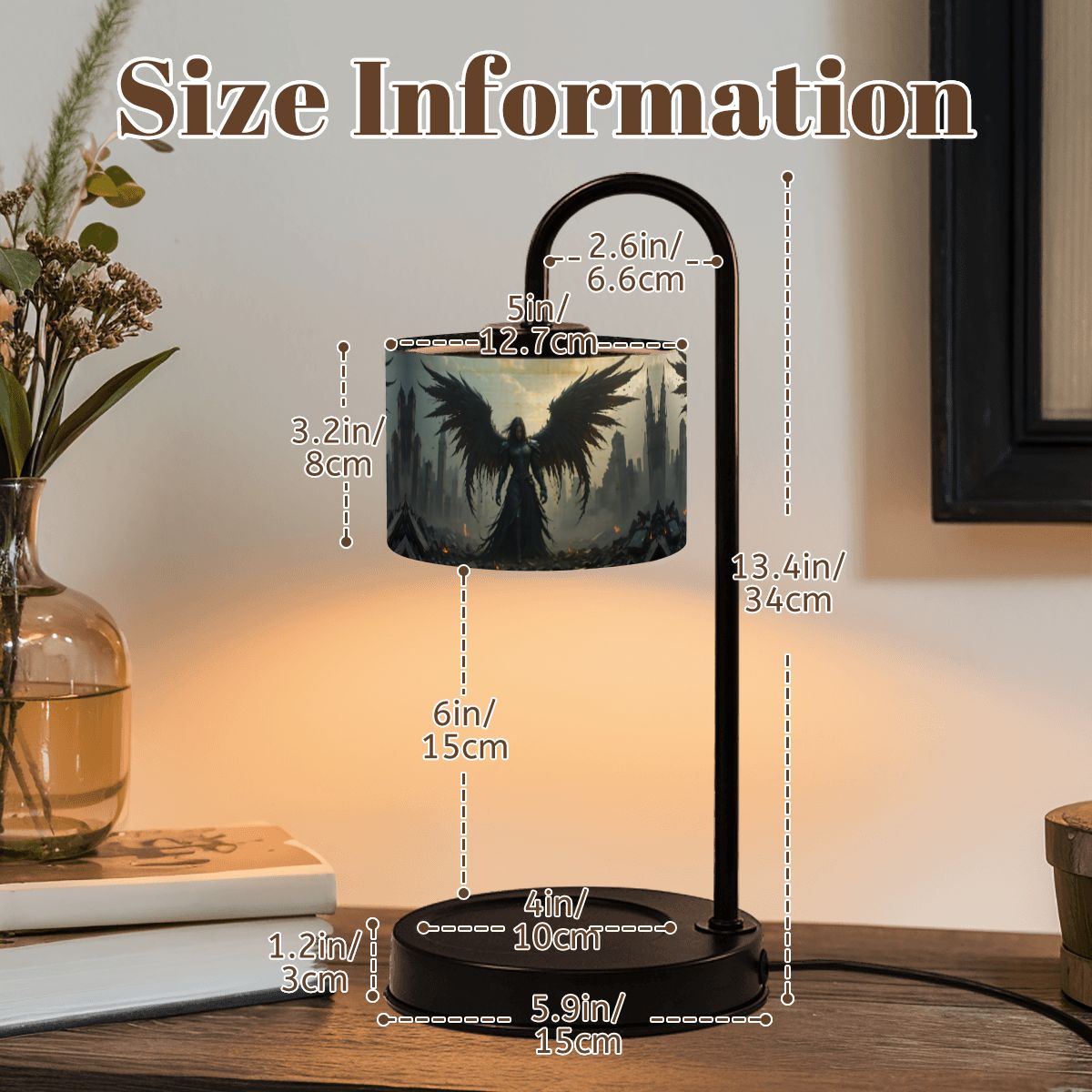 Table lamp with dimensions labeled on a wooden surface.