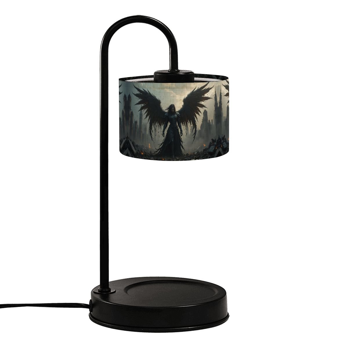 Black table lamp with a decorative angel design on the shade against a white background