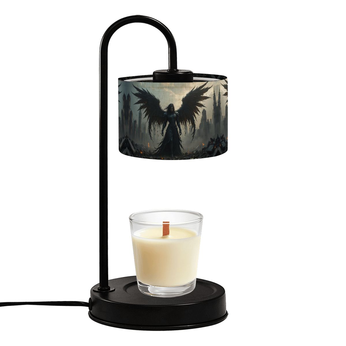 Candle warmer with angel design on the shade, featuring a lit candle inside.