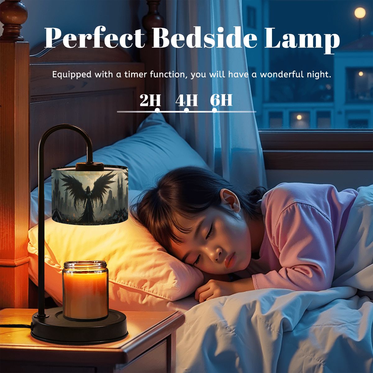 Child sleeping in bed with a bedside lamp and candle, text indicating timer options.