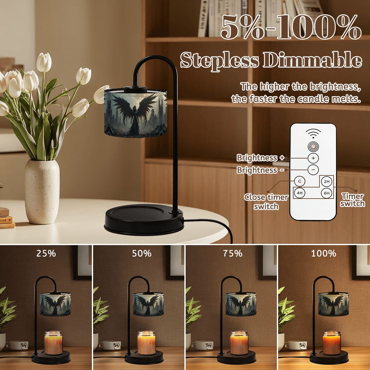 Dimmable table lamp with remote control and candle design, shown with different brightness levels.
