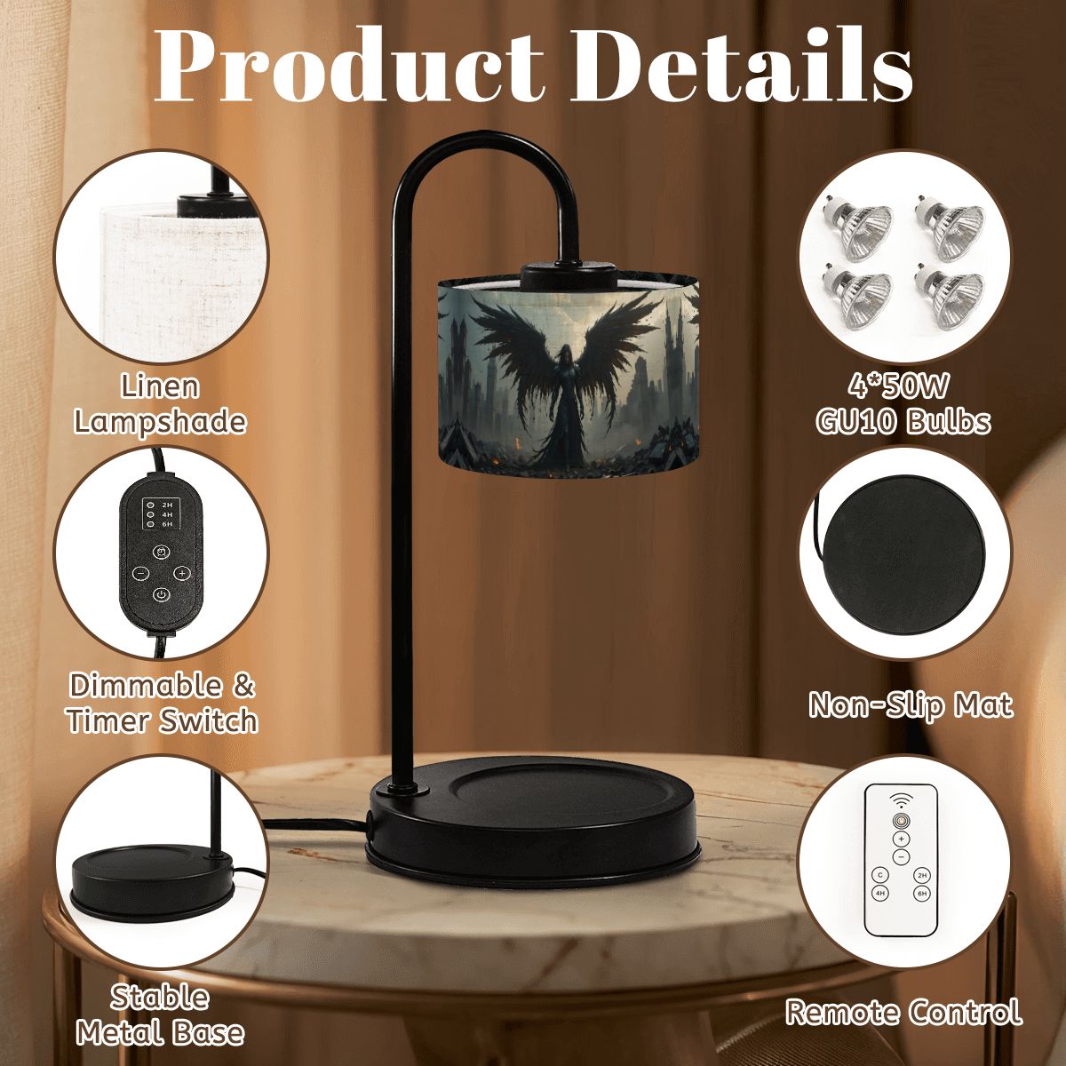 Table lamp with product details on a wooden surface