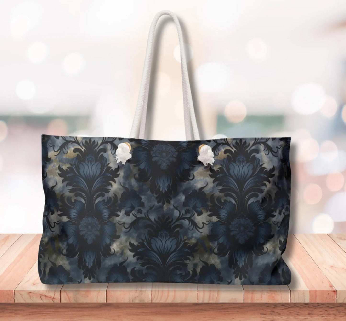 Tote bag with floral pattern on a wooden surface