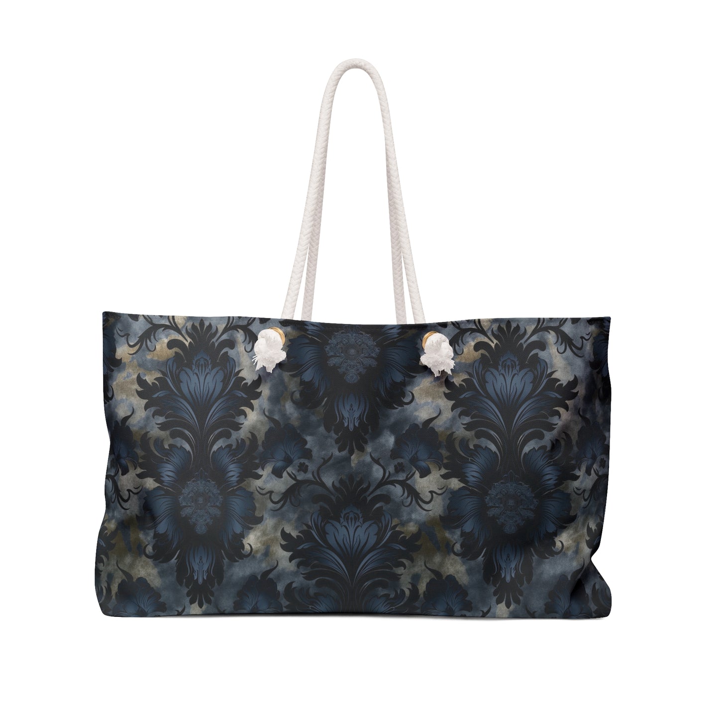 Floral patterned tote bag with white handles on a white background