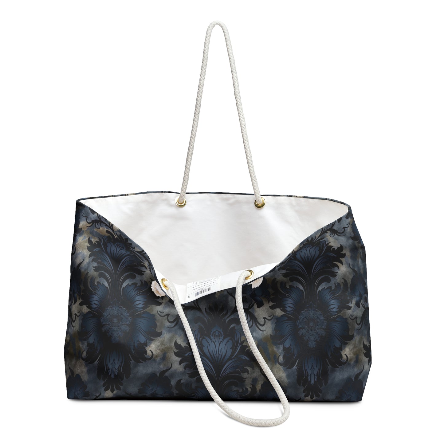 Tote bag with floral pattern and white handle on a white background