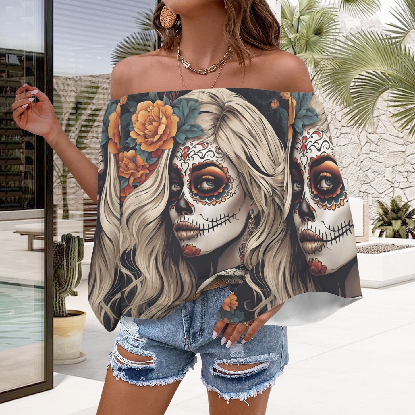 Day of the Dead Blond Off the Shoulder T-shirt, Witchcore Dia de los muertos shirt