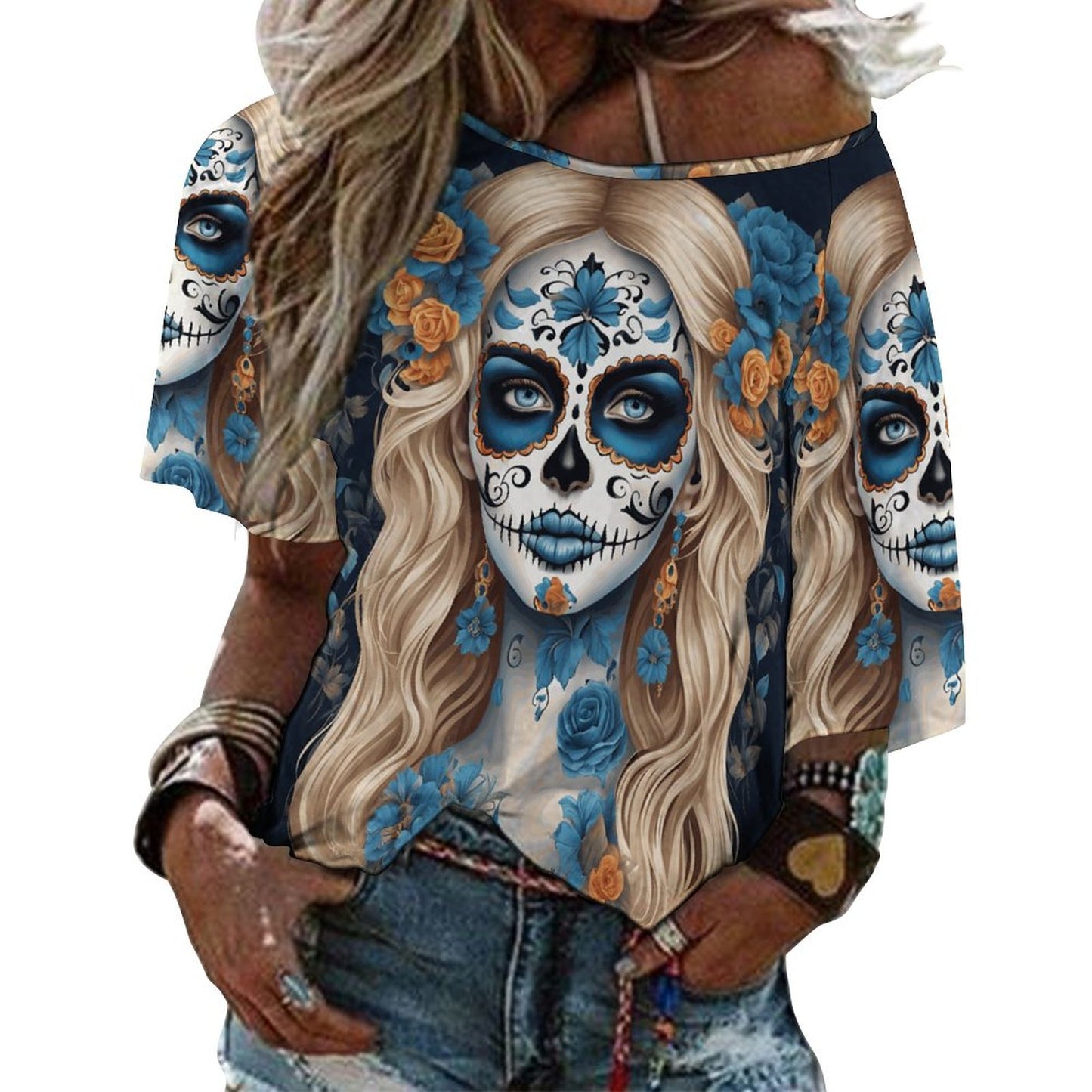 Day of the Dead Blue and White Off the Shoulder Blouse, Dia de los muertos shirt