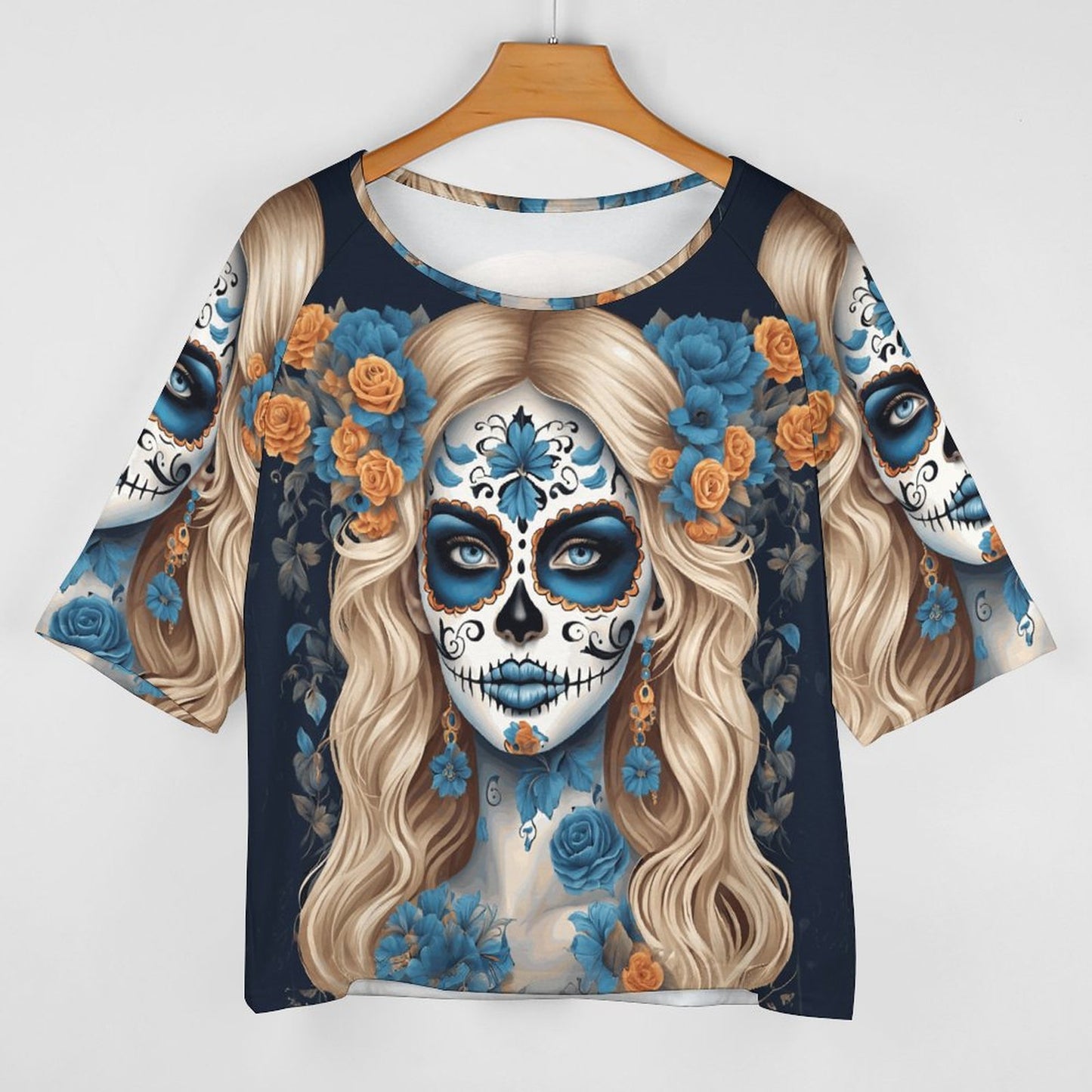 Day of the Dead Blue and White Off the Shoulder Blouse, Dia de los muertos shirt