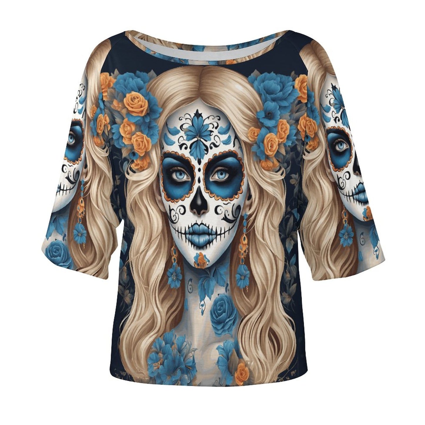 Day of the Dead Blue and White Off the Shoulder Blouse, Dia de los muertos shirt