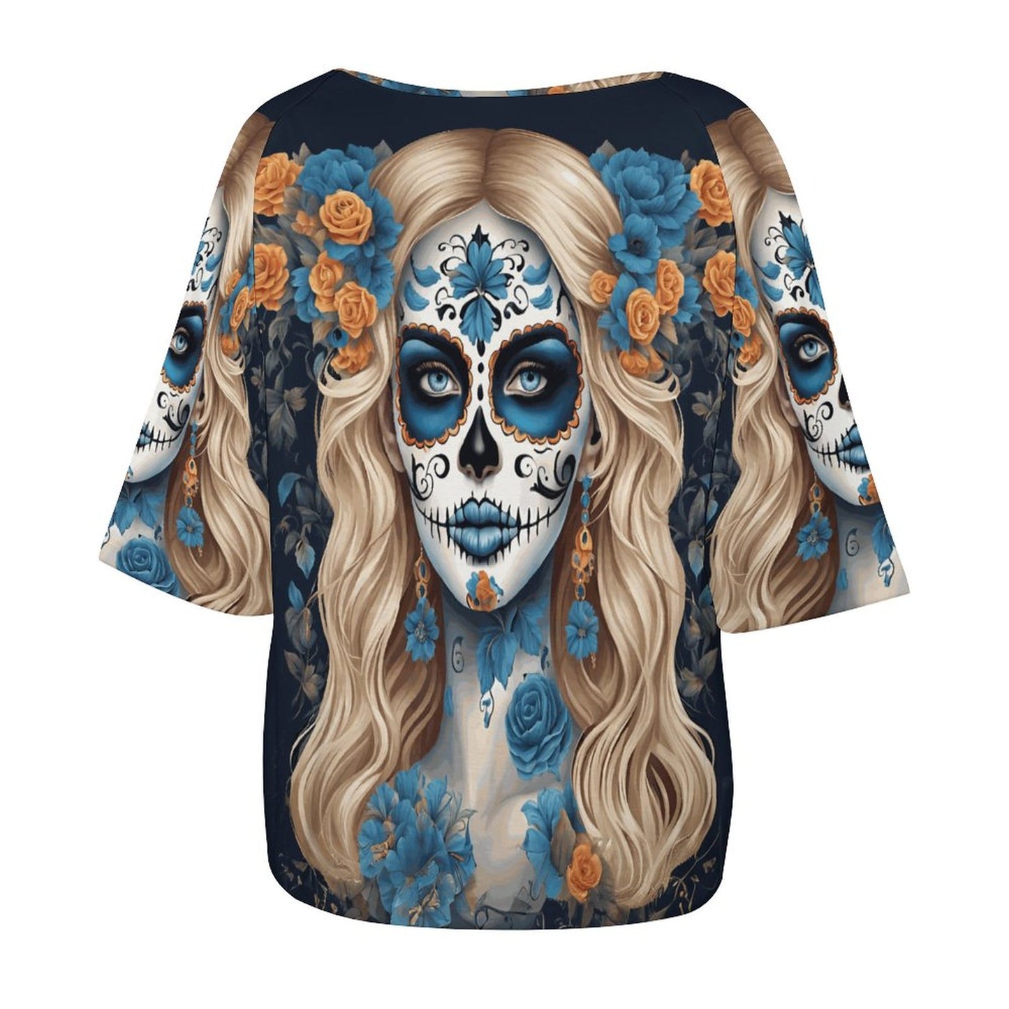 Day of the Dead Blue and White Off the Shoulder Blouse, Dia de los muertos shirt