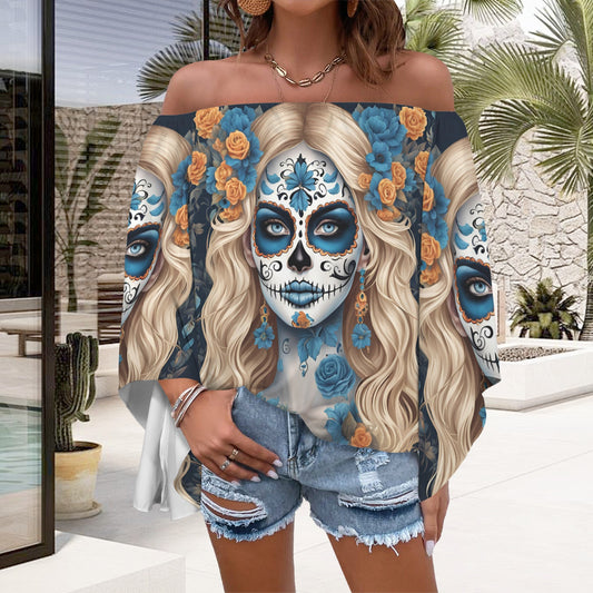 Day of the Dead Blue and White Off the Shoulder T-shirt, Dia de los muertos shirt