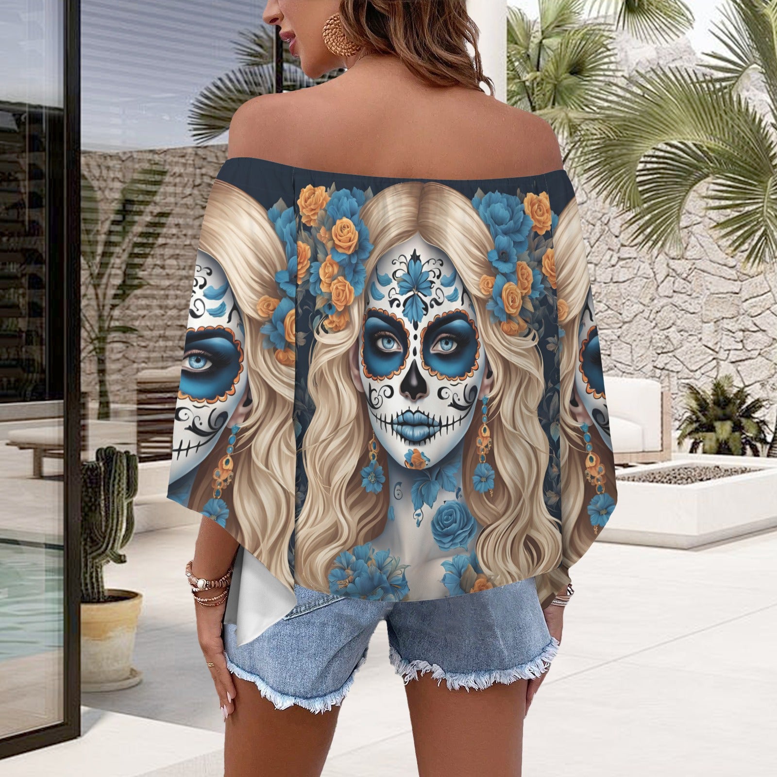 Day of the Dead Blue and White Off the Shoulder T-shirt, Dia de los muertos shirt