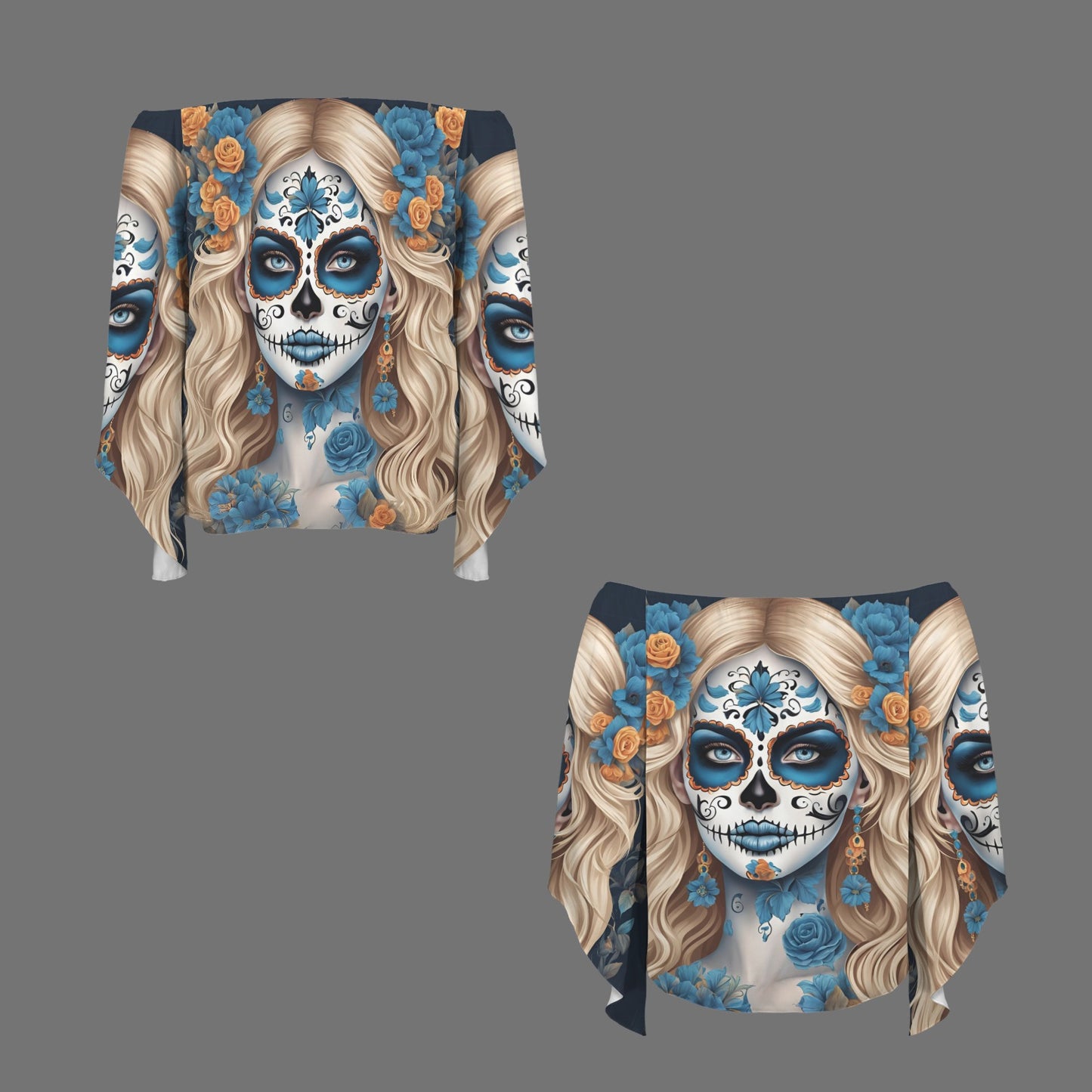 Day of the Dead Blue and White Off the Shoulder T-shirt, Dia de los muertos shirt