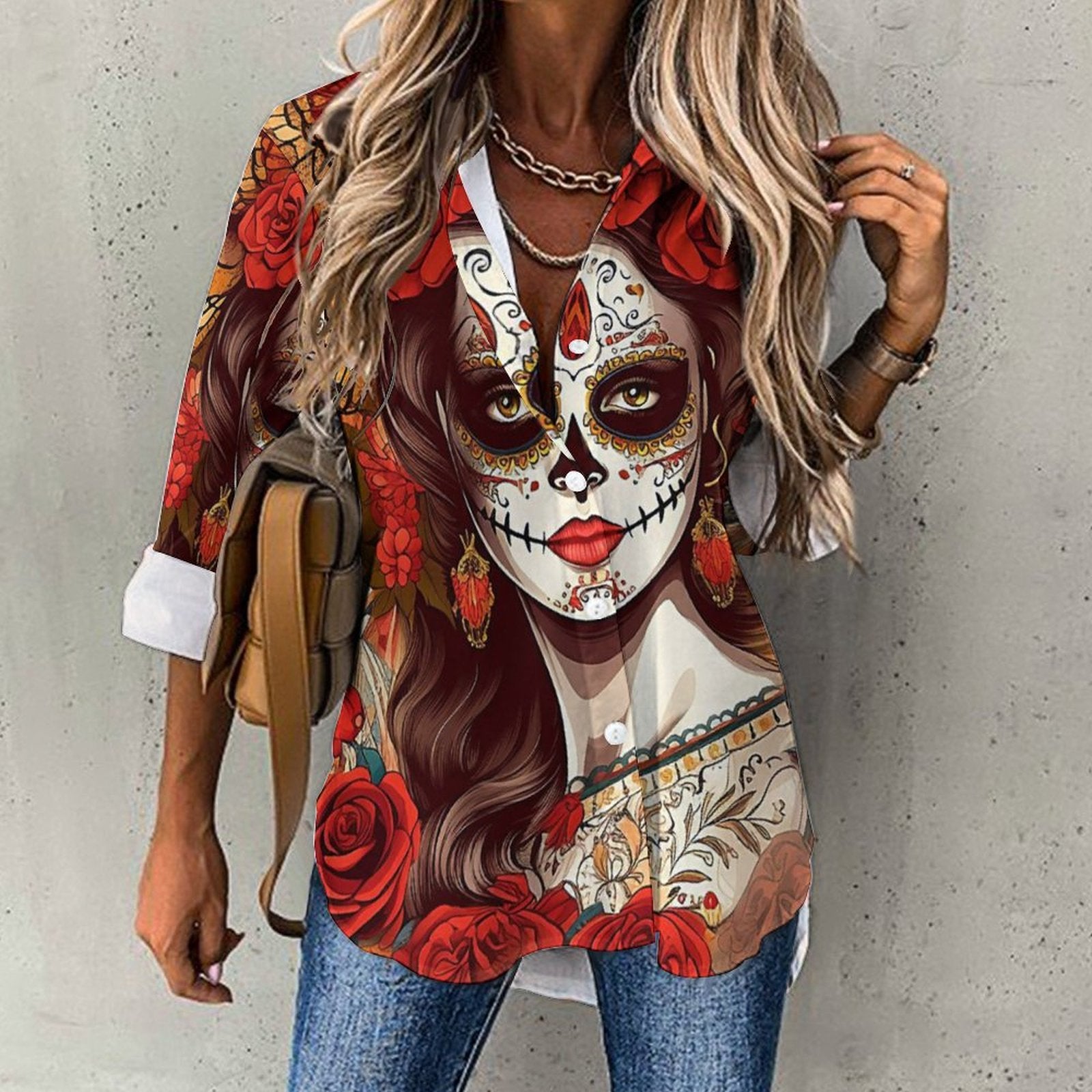 Day of the Dead Sugar Skull Flower Crown Blouse, Witchy Skull
