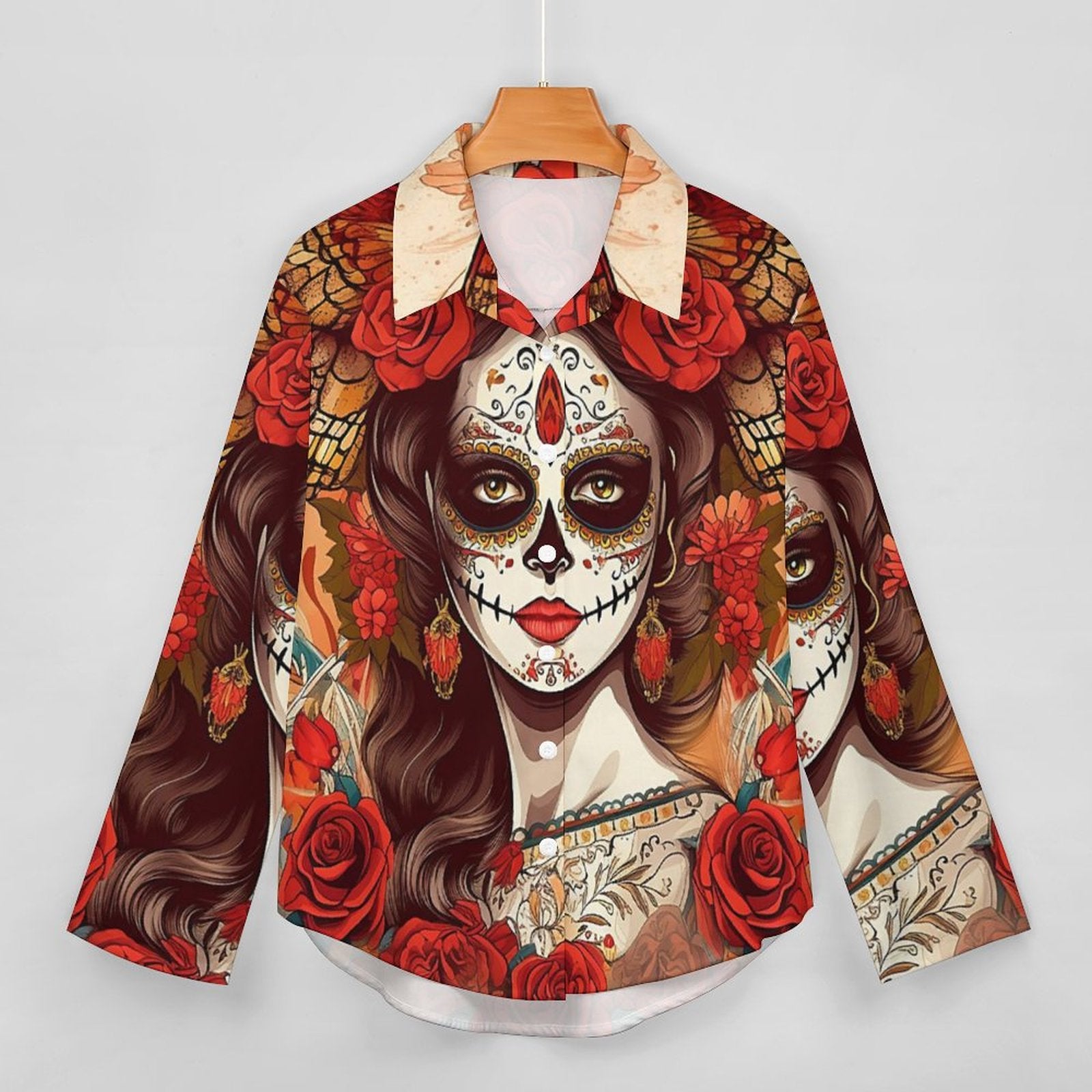 Day of the Dead Sugar Skull Flower Crown Blouse, Witchy Skull