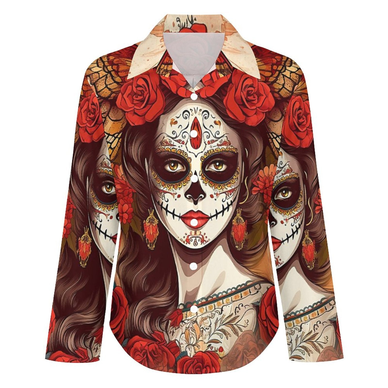 Day of the Dead Sugar Skull Flower Crown Blouse, Witchy Skull
