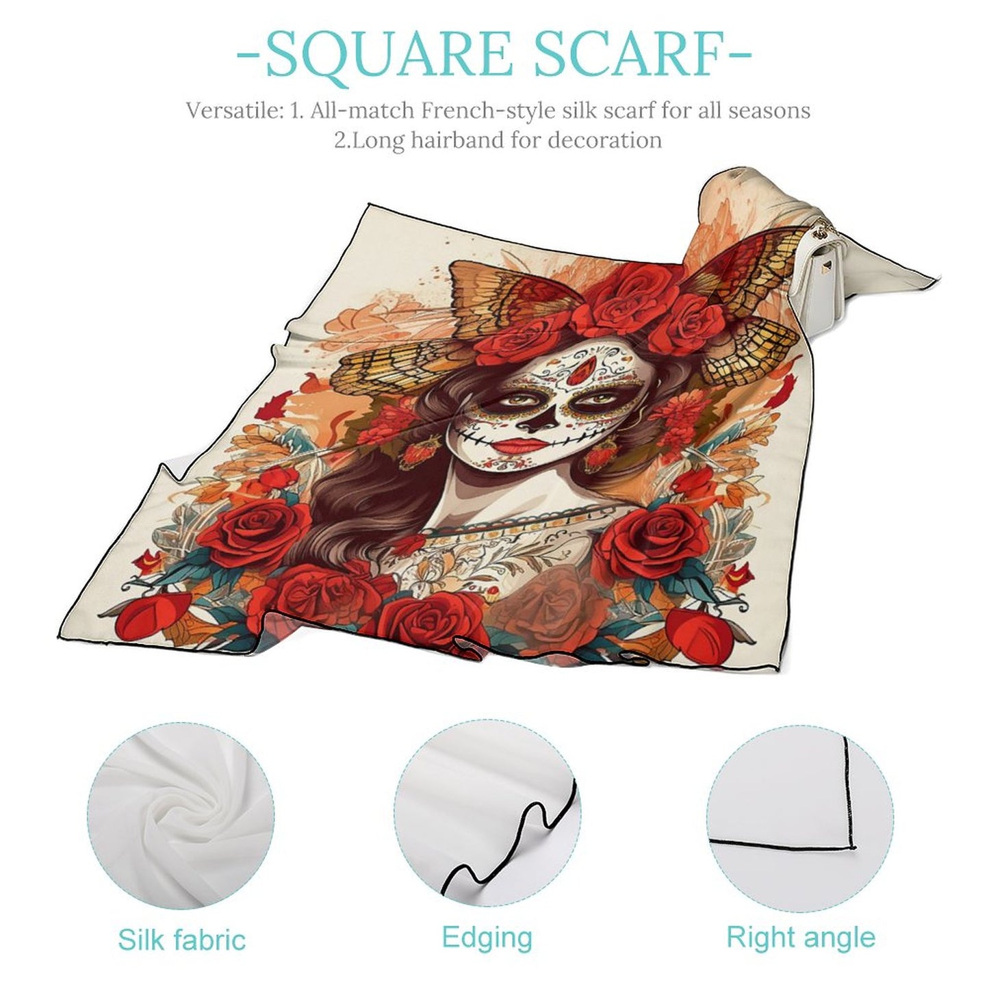 Day of the Dead Women's Scarf, Festive Sugar Skull Scarf - Mexican Scarf Vibrant Day of the Dead Accessory Headband Bandana Neckerchief