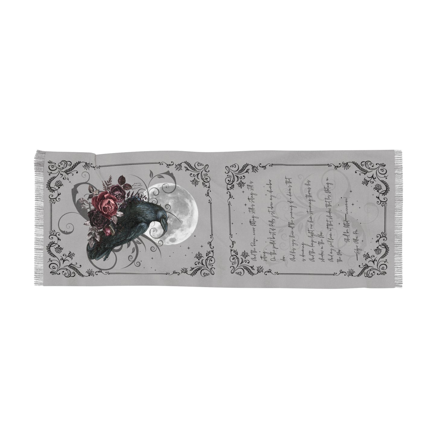Decorative mat with crow, roses, and moon design on a white background