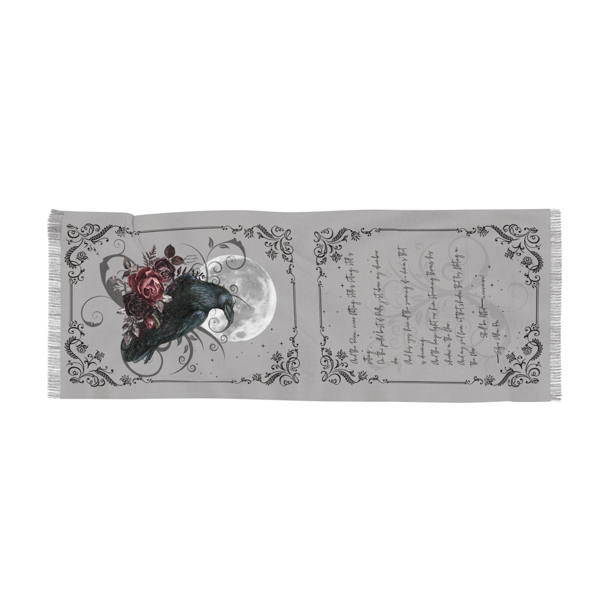 Decorative mat with crow, roses, and moon design on a white background