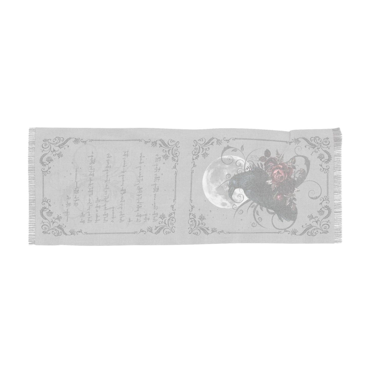 Decorative scarf with embroidered design on a white background