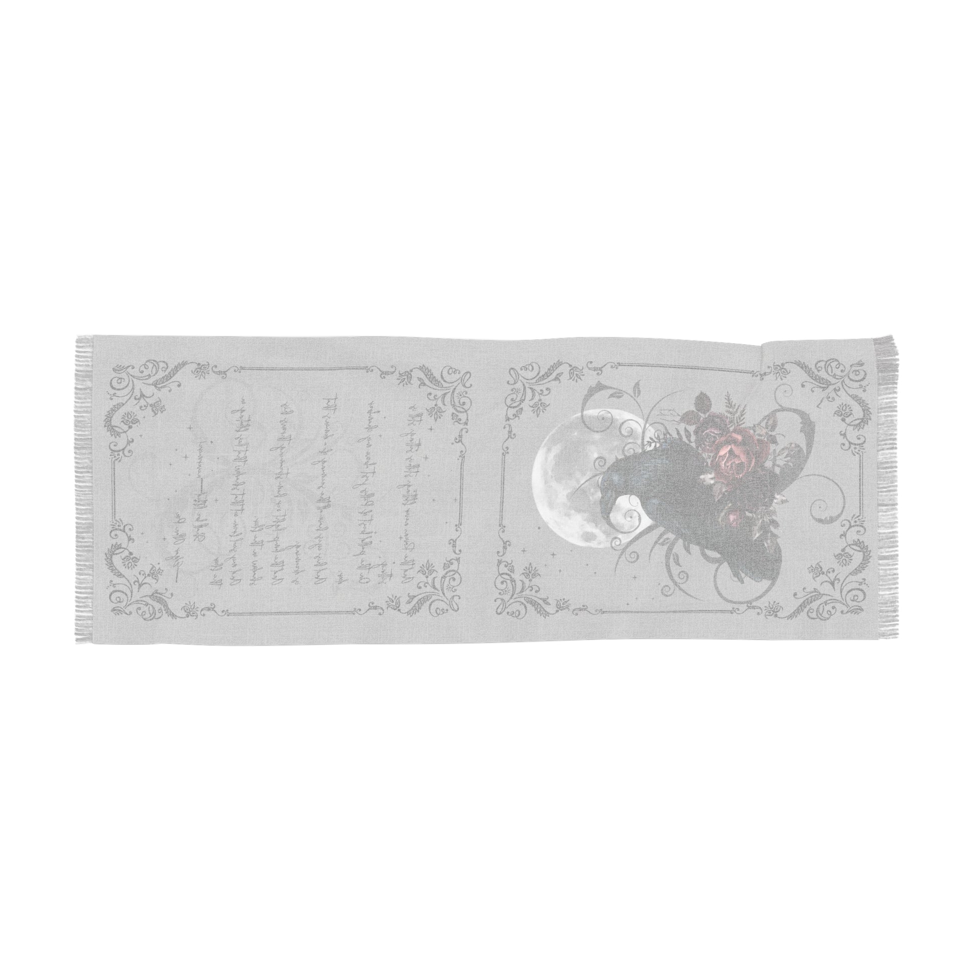 Decorative scarf with embroidered design on a white background