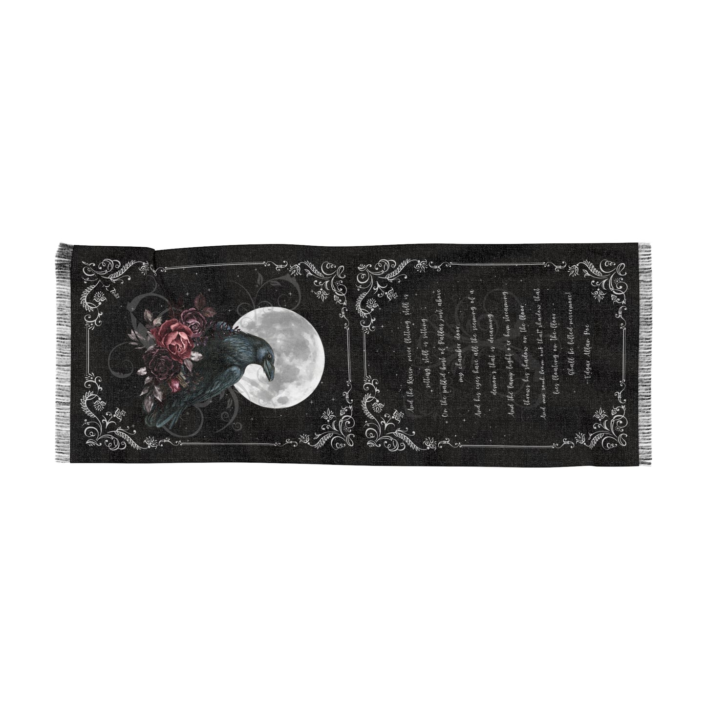 Decorative scarf with a gothic design featuring a crow, moon, and floral elements on a black background.