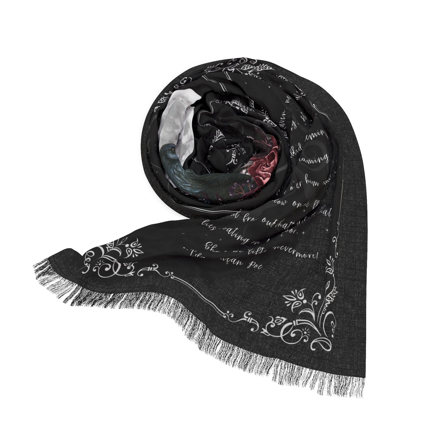 Black scarf with white patterns and text on a white background