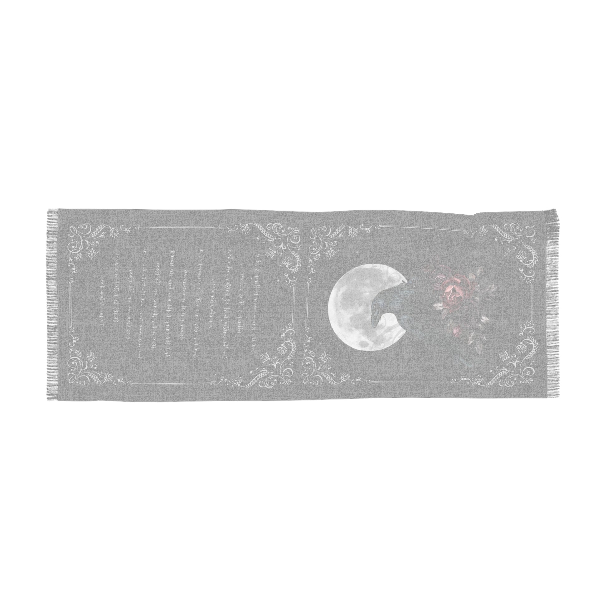 Gray scarf with moon and floral patterns on a white background