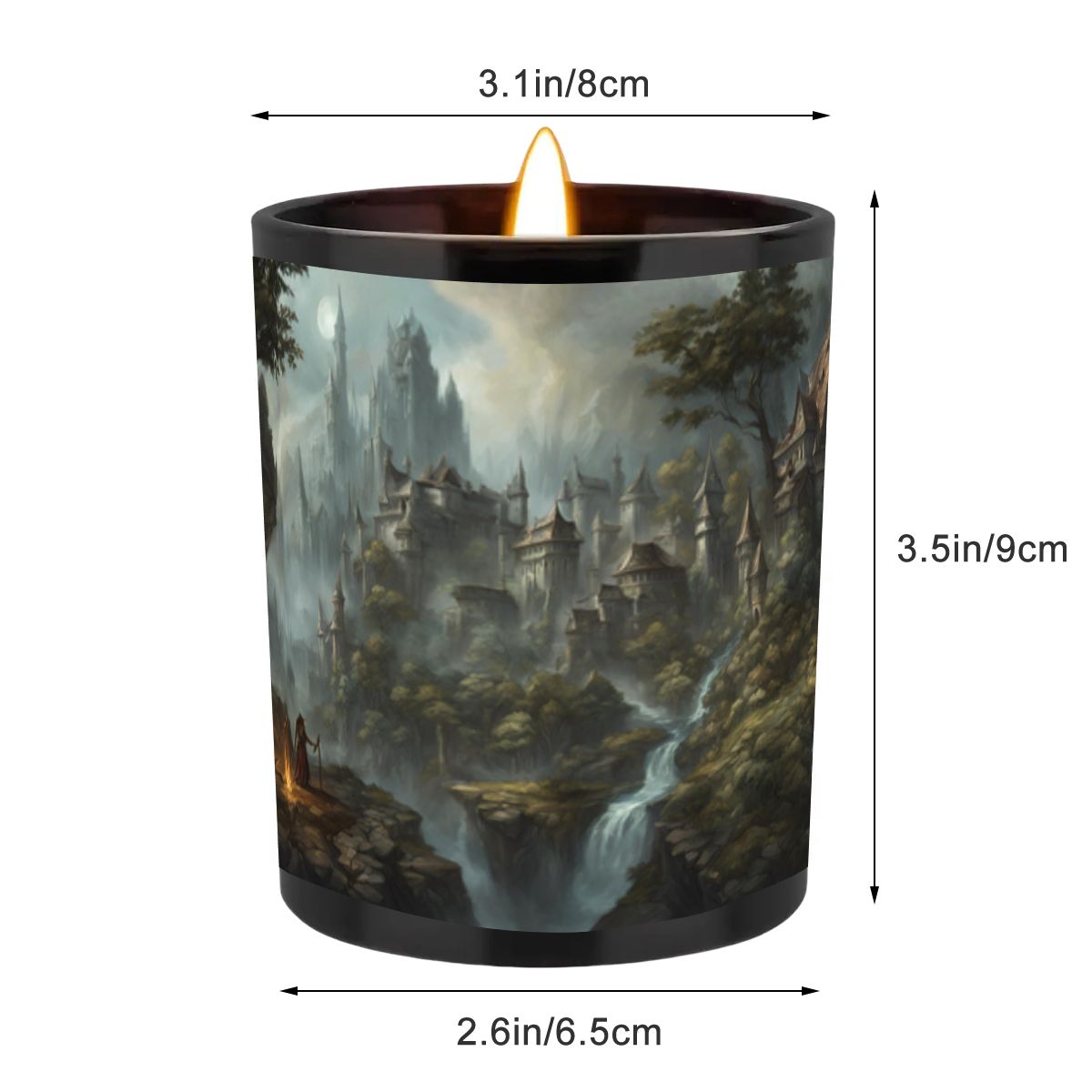 Candle with a scenic design and dimensions labeled