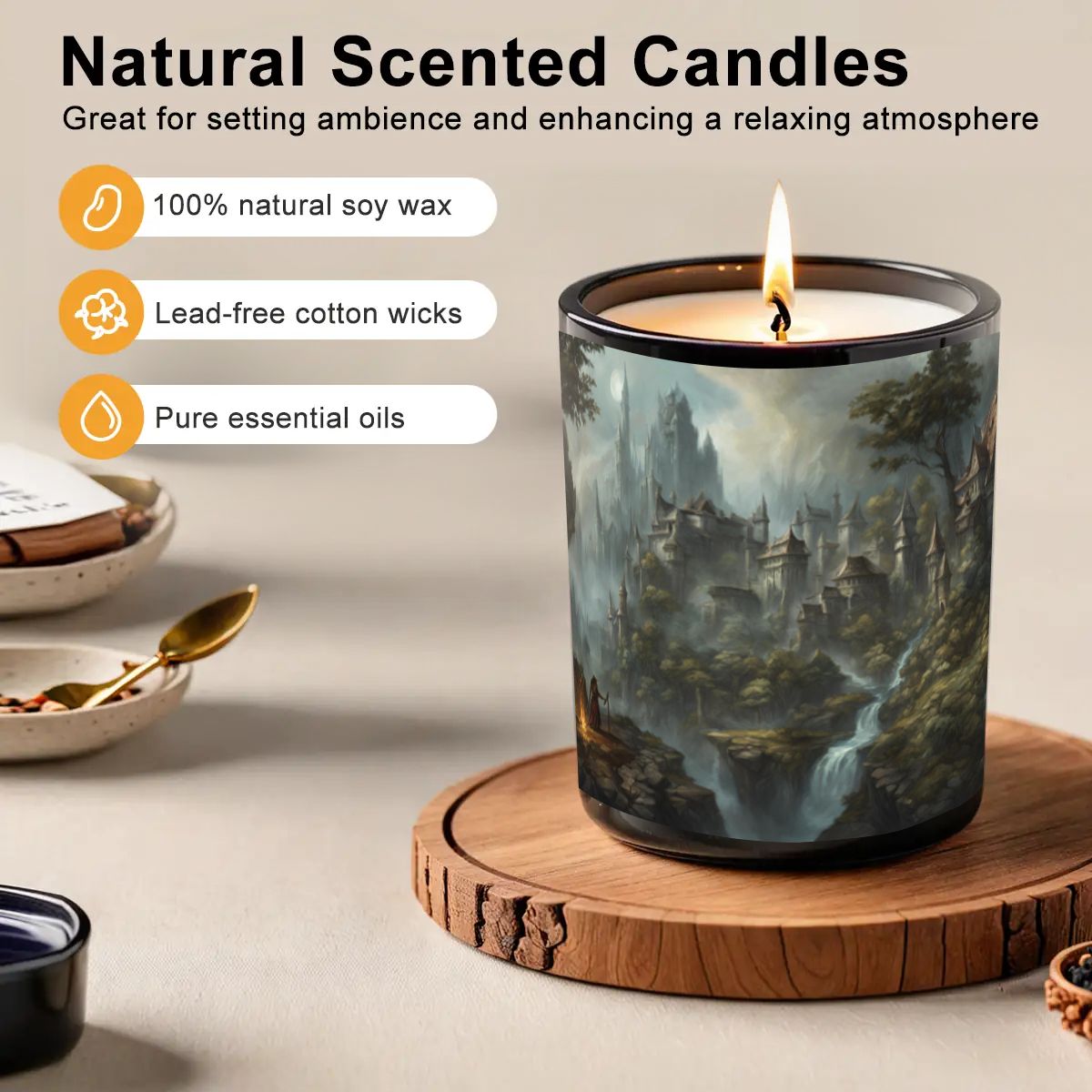 Candle with nature-themed design on a wooden coaster, surrounded by minimal decor.