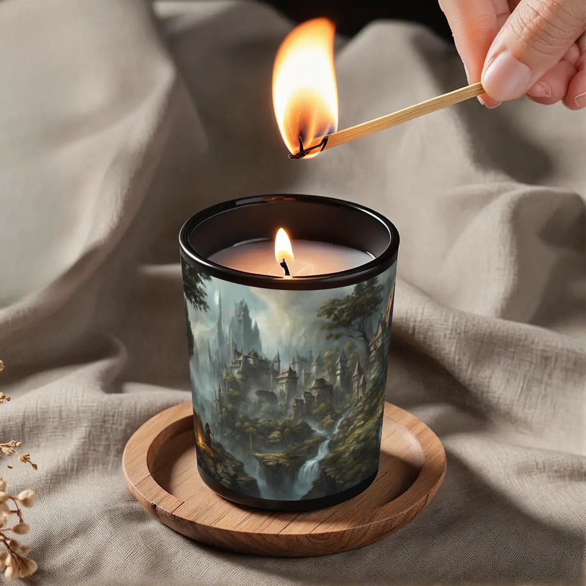 Candle with a scenic design being lit with a match on a textured fabric background