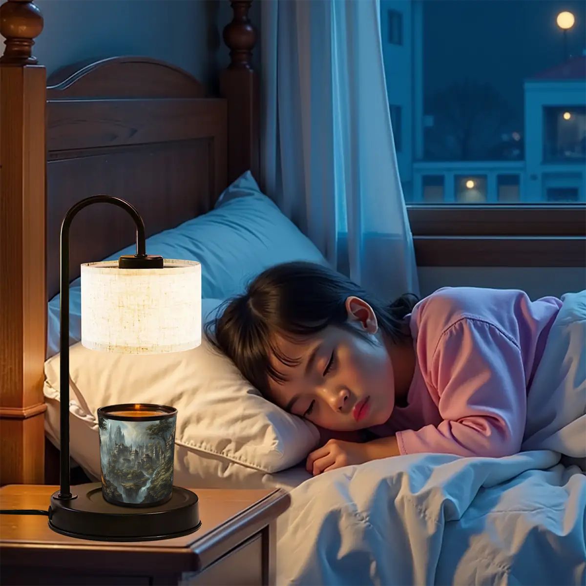 Child sleeping in bed with a night lamp on a bedside table.