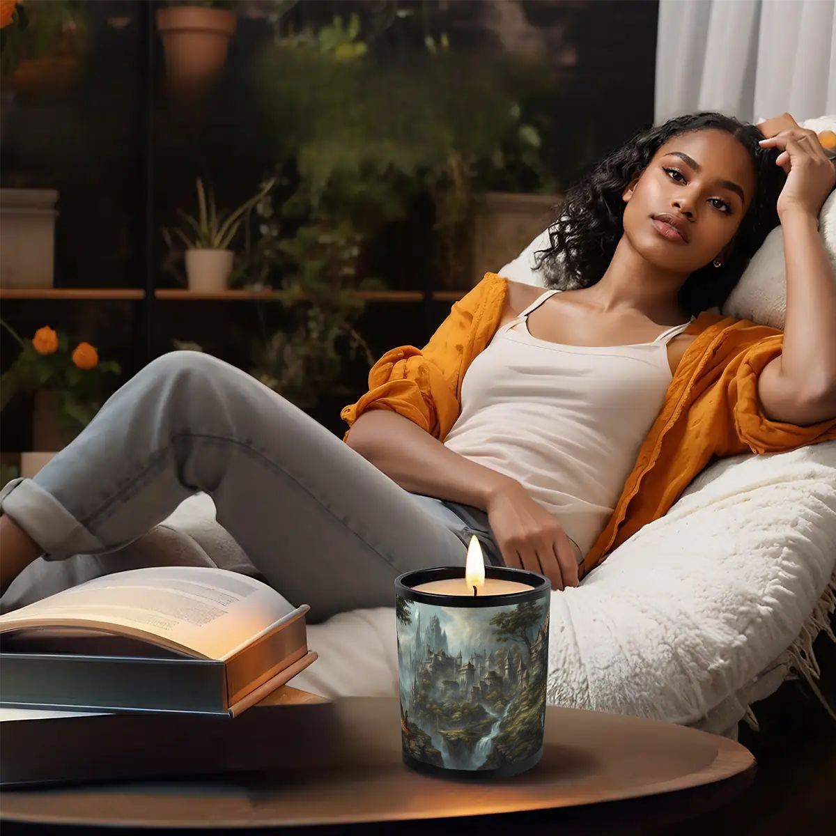 Woman relaxing on a couch with a candle and book in a cozy setting