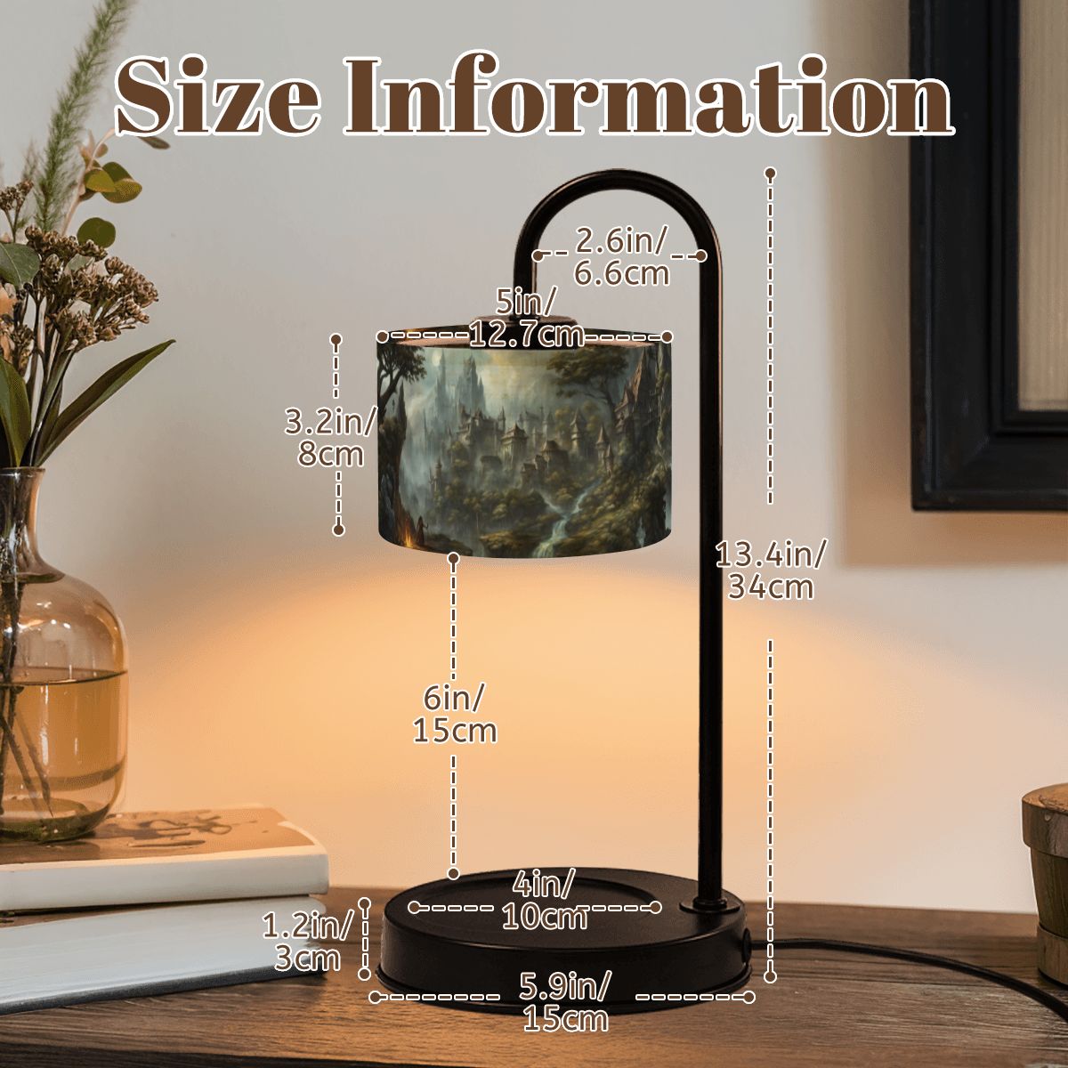 Table lamp with size measurement details on a wooden surface
