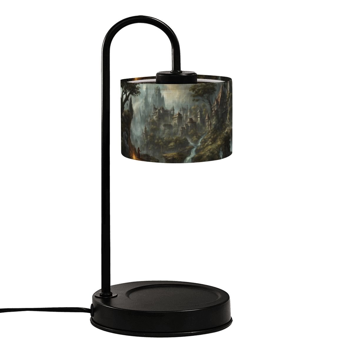 Black table lamp with a decorative lampshade on a white background