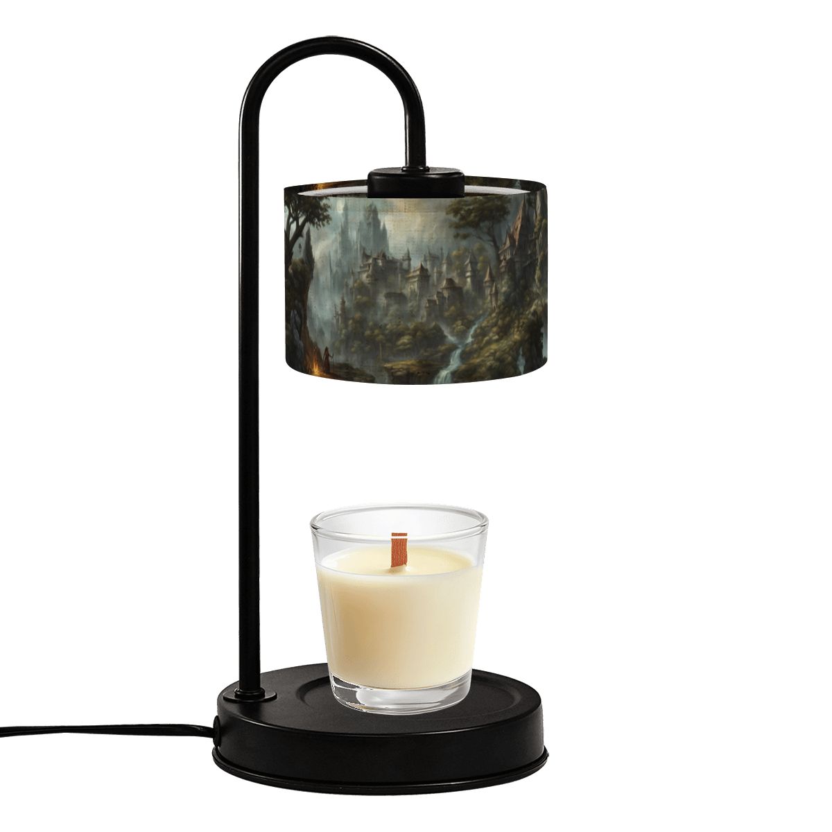 Candle holder with a black metal stand and decorative glass shade on a white background